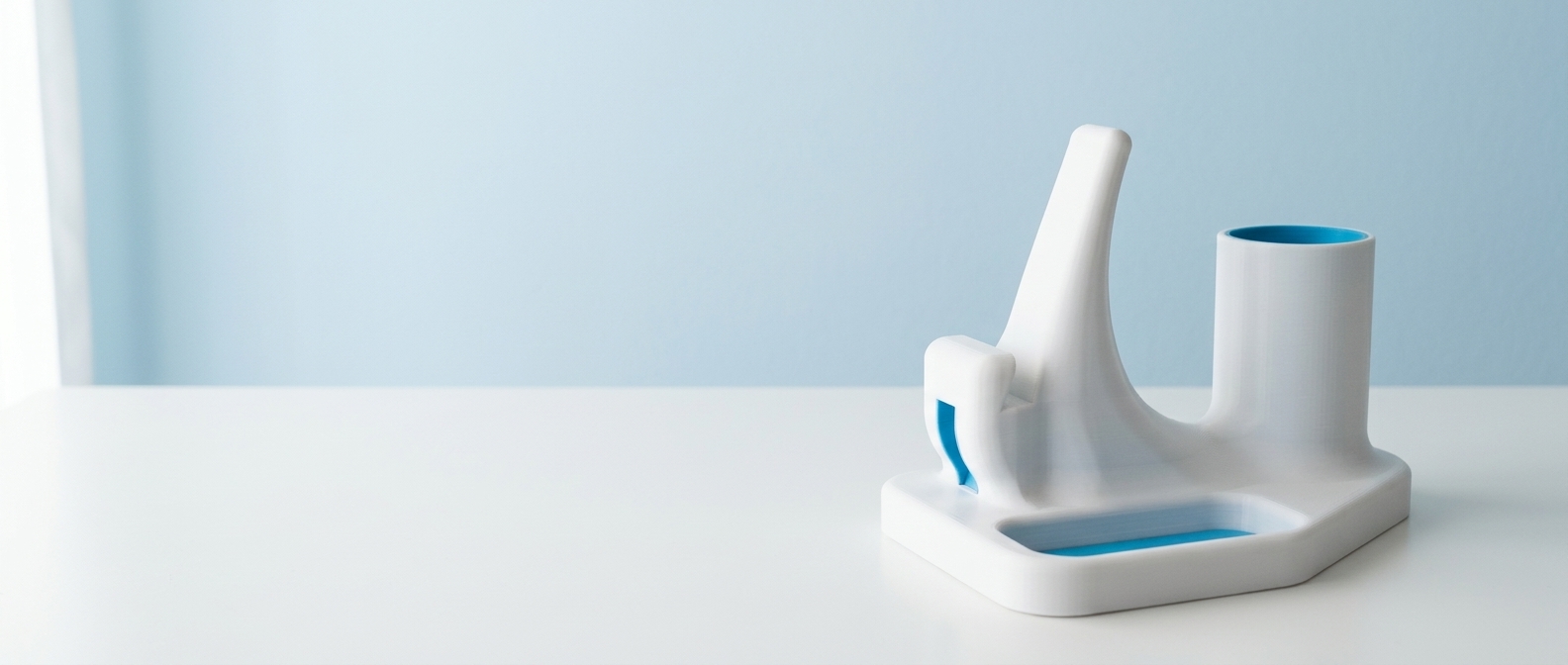 Dock on white desk, side view
